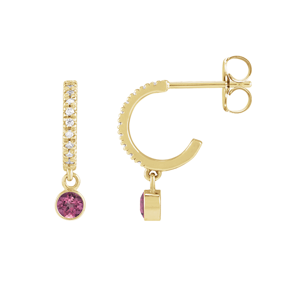 14K Natural Gemstone and Diamond Hoop Earring