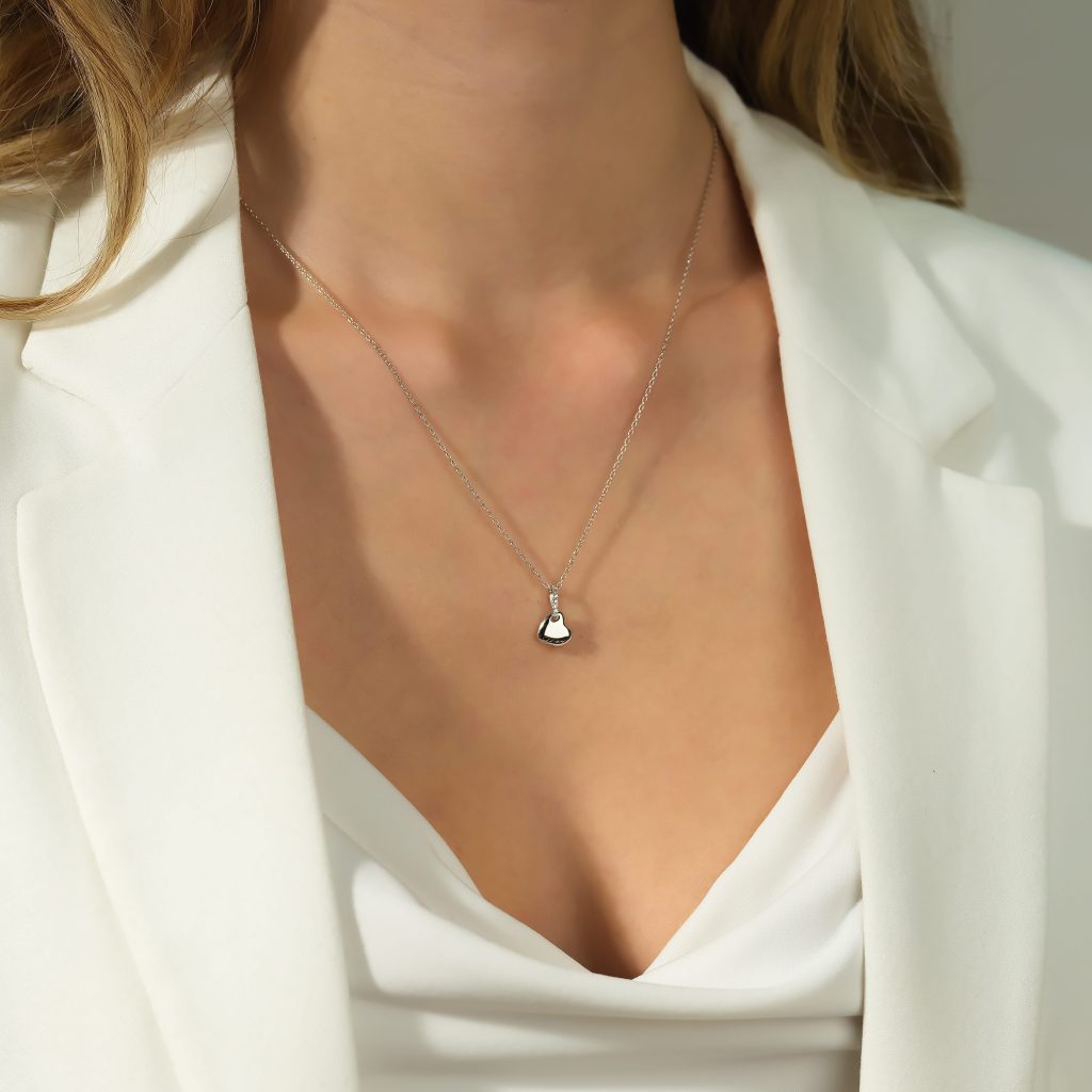 14K Puffy Heart with Diamonds Pendant Necklace
