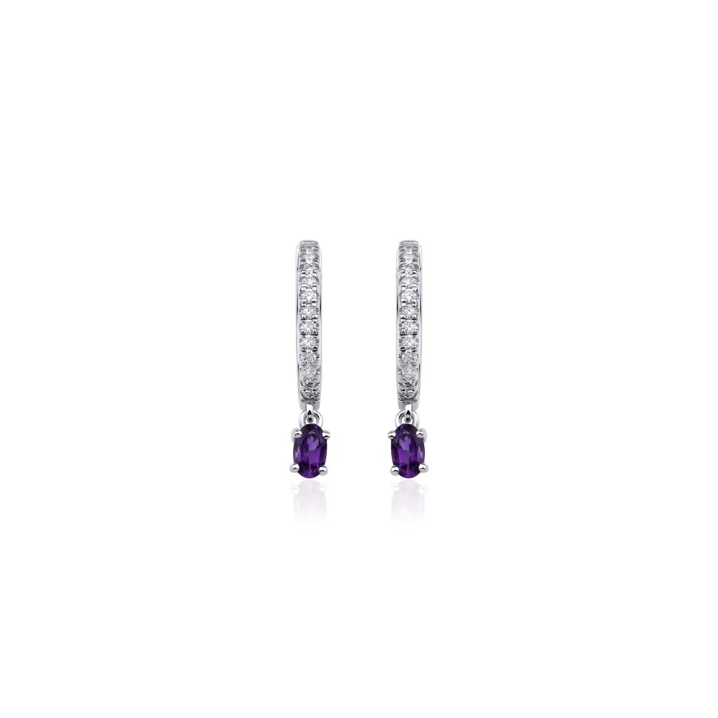 14K Amethyst and Diamond Hoop Earrings