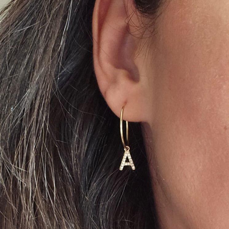 14K Natural Diamond Single Initial with Hoop Earring