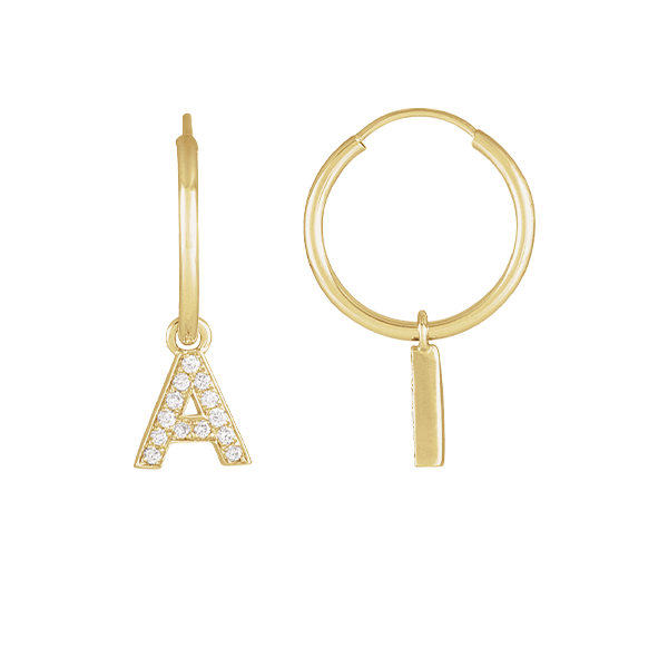 14K Natural Diamond Single Initial with Hoop Earring